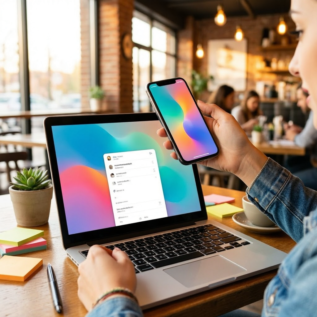 Laptop and phone displaying a colorful survey interface in a cozy café setting, symbolizing community feedback and digital connection.