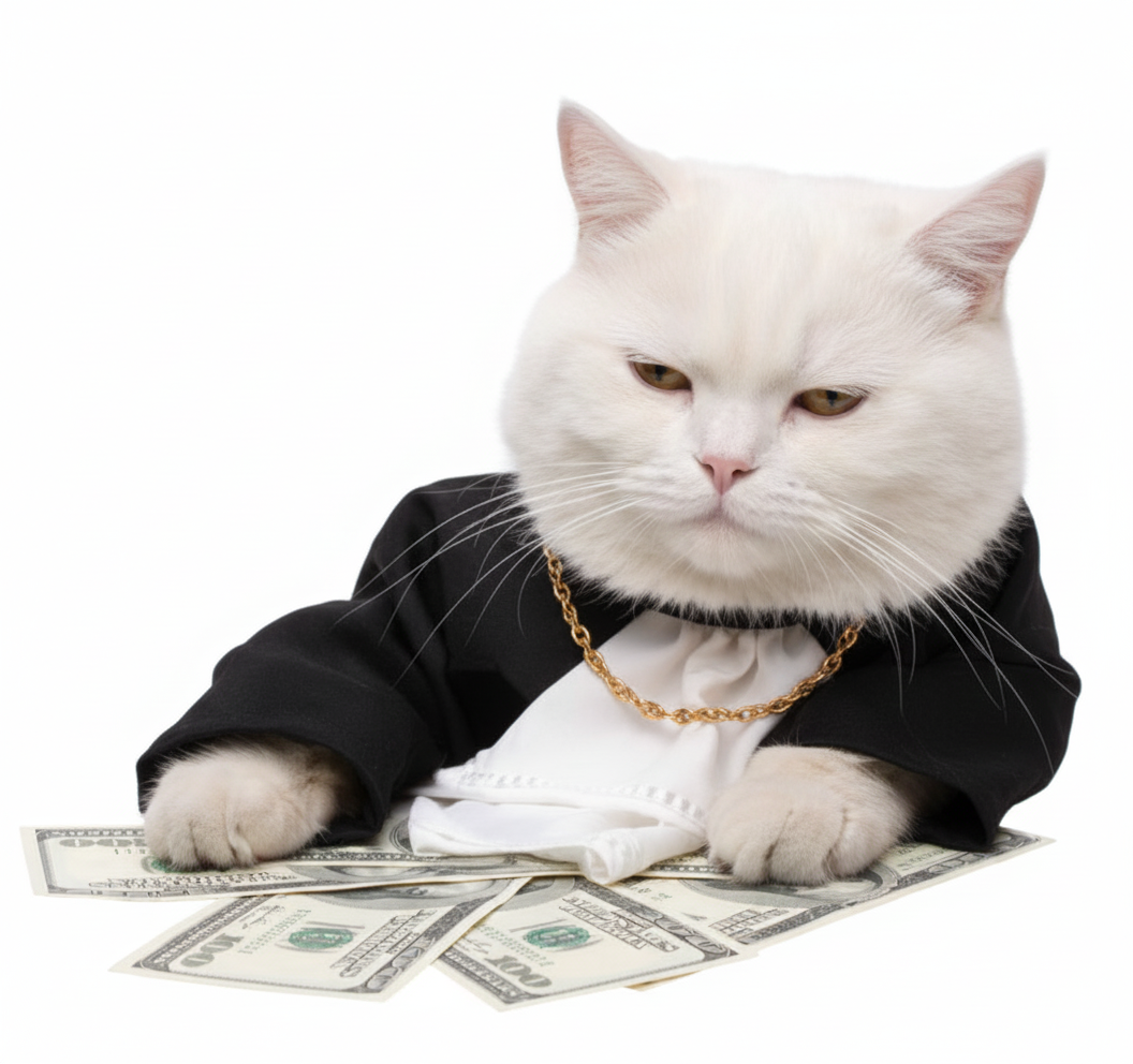 Happy white cat with online income theme