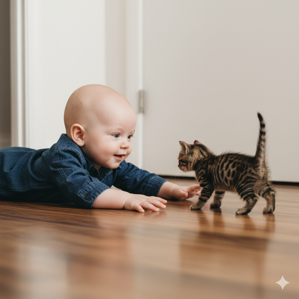 Baby chasing kitten